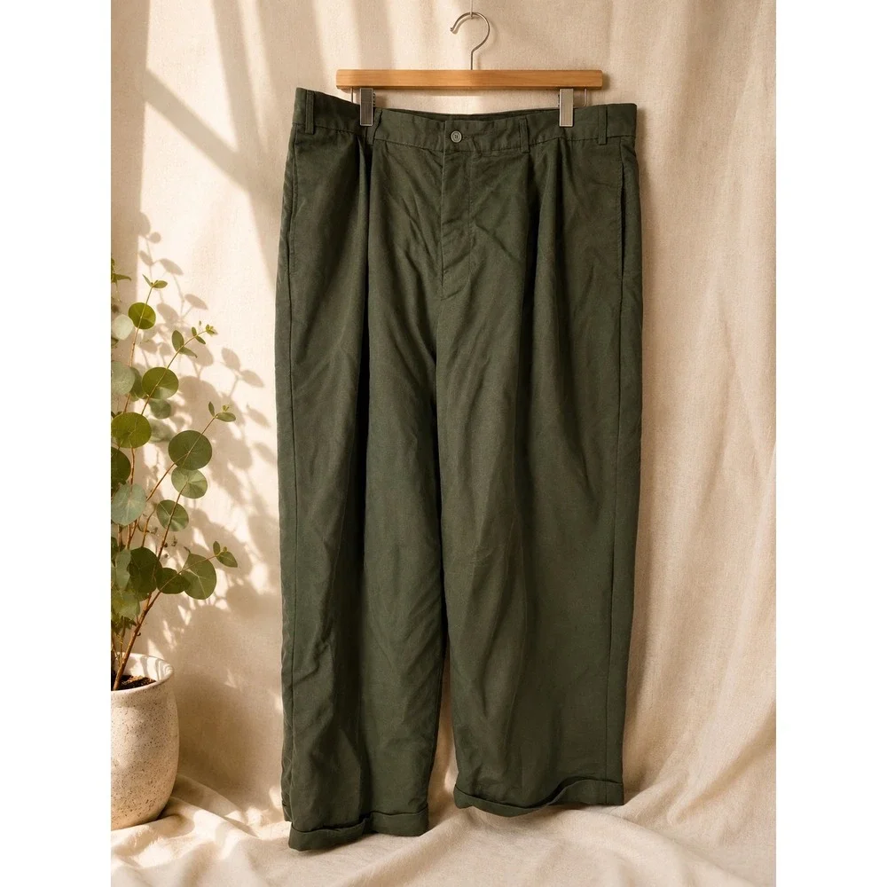 J Ferrar 42x32 Double Pleated Wide Leg Dress Pants Olive Green Career Slacks